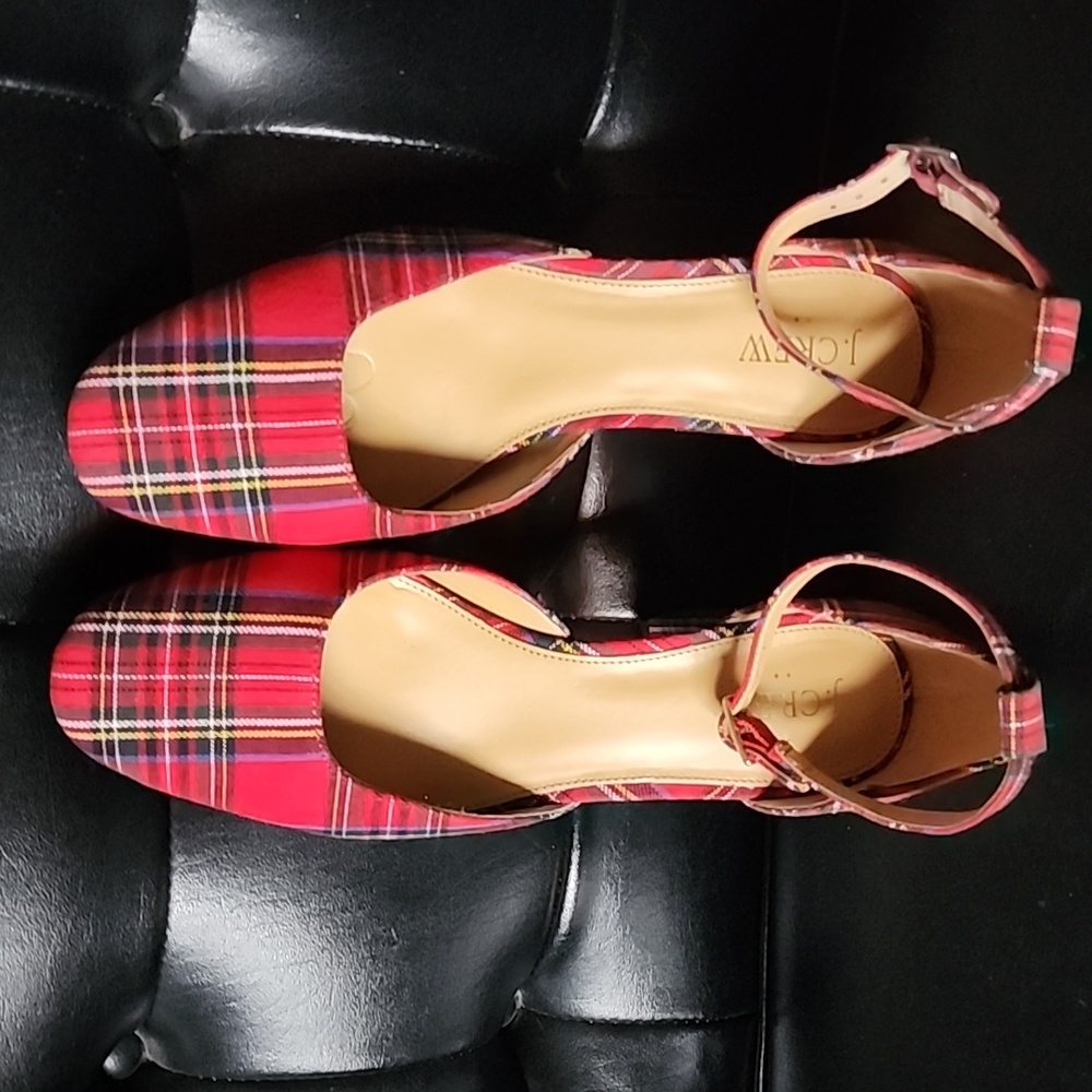 J. Crew Factory Tartan Plaid Ankle-Strap Block Heels Red Holiday Pumps Size 9.5 - Picture 4 of 9